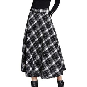 Women's Winter Warm Elastic Waist Wool Plaid A-Line Pleated Long Skirt